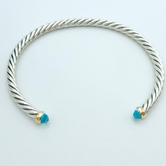 David Yurman Sterling Silver & 14k Gold 4mm Flex Blue Topaz Cable Bracelet 7inch - Picture 2 of 8